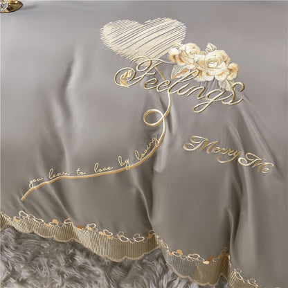 Luxury Grey Gold Pink Love Flowers American Embroidered Soft Duvet Cover Set, 100% Cotton Bedding Set