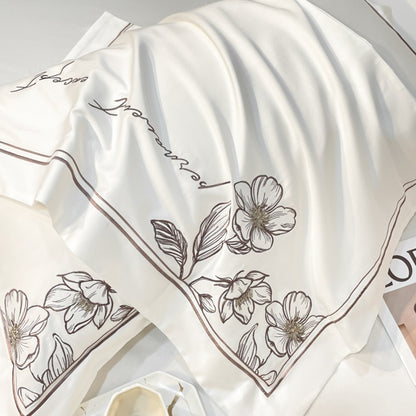 Luxury Brown Grey Flower Europe Embroidered Duvet Cover Set, 600TC Egyptian Cotton Bedding Set