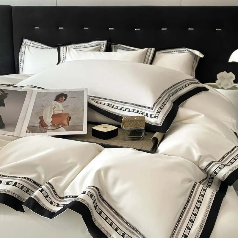 Luxury White Black Embroidered Long Striped Duvet Cover Set, 1000TC Egyptian Cotton Bedding Set