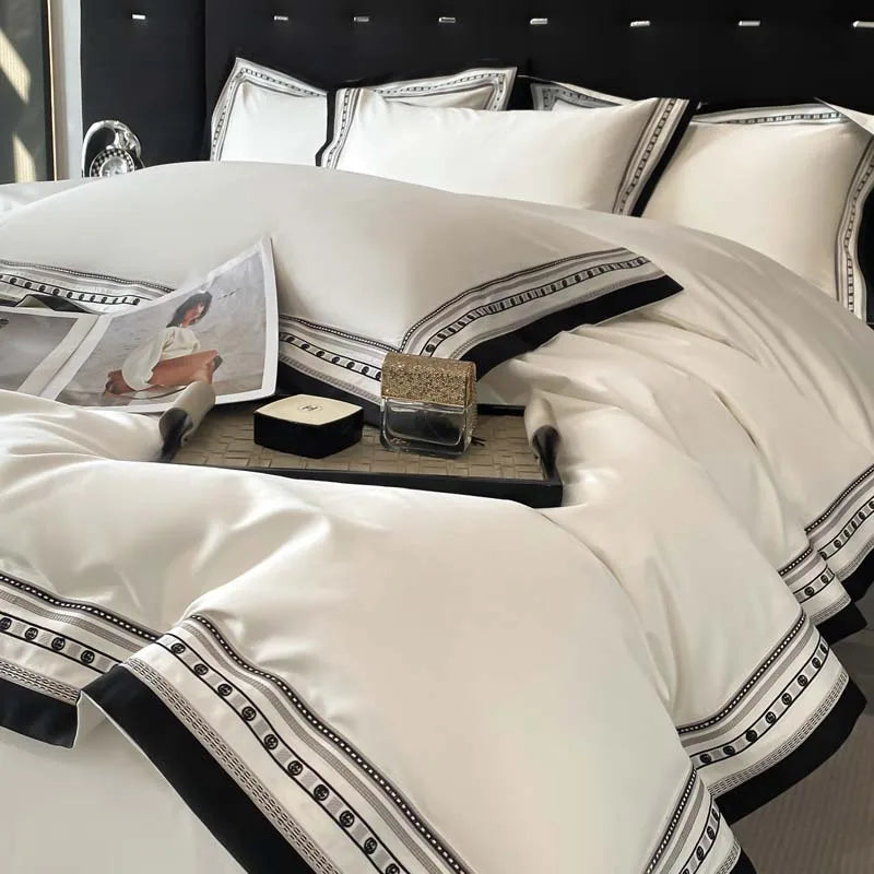 Luxury White Black Embroidered Long Striped Duvet Cover Set, 1000TC Egyptian Cotton Bedding Set