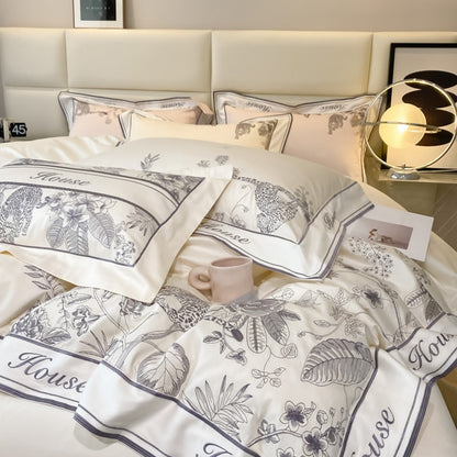Luxury Leopard Flower House Embroidered Duvet Cover Set, 1000TC Egyptian Cotton Bedding Set