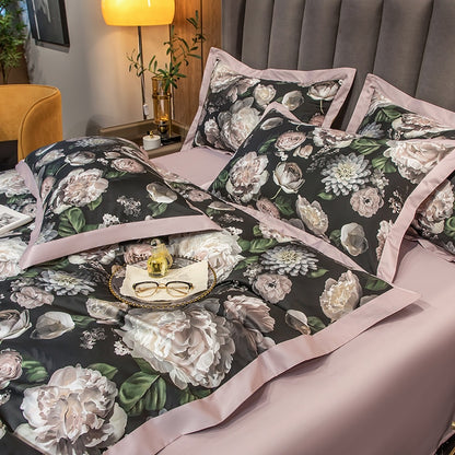 Luxury Black White Romantic Wedding Flower Pattern Duvet Cover Set, 1000TC Egyptian Cotton Bedding Set