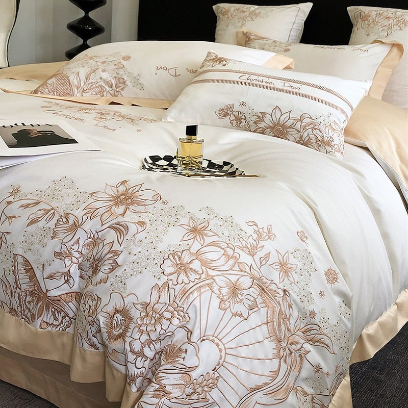 Luxury Butterfly White Brown Flowers Embroidered Wide Edge Duvet Cover, Egyptian Cotton 1000TC Bedding Set