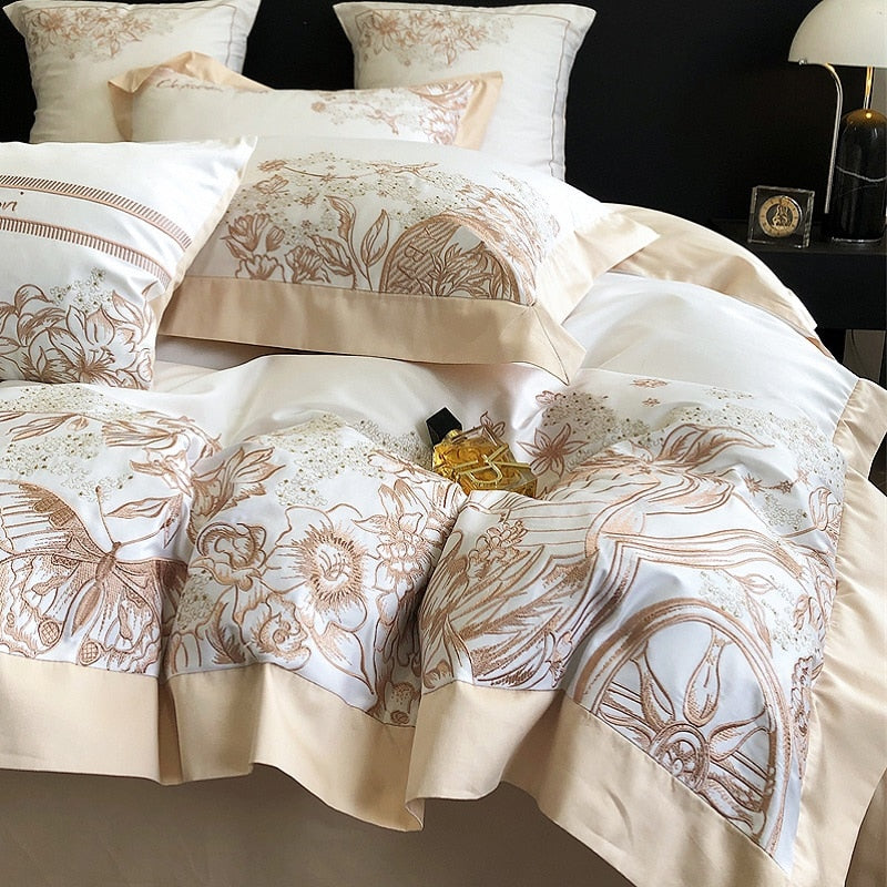 Luxury Butterfly White Brown Flowers Embroidered Wide Edge Duvet Cover, Egyptian Cotton 1000TC Bedding Set