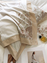 Thumbnail for Luxury Butterfly White Brown Flowers Embroidered Wide Edge Duvet Cover, Egyptian Cotton 1000TC Bedding Set