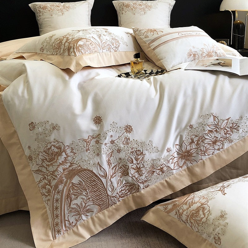 Luxury Butterfly White Brown Flowers Embroidered Wide Edge Duvet Cover, Egyptian Cotton 1000TC Bedding Set