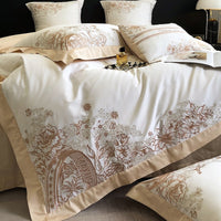 Thumbnail for Luxury Butterfly White Brown Flowers Embroidered Wide Edge Duvet Cover, Egyptian Cotton 1000TC Bedding Set