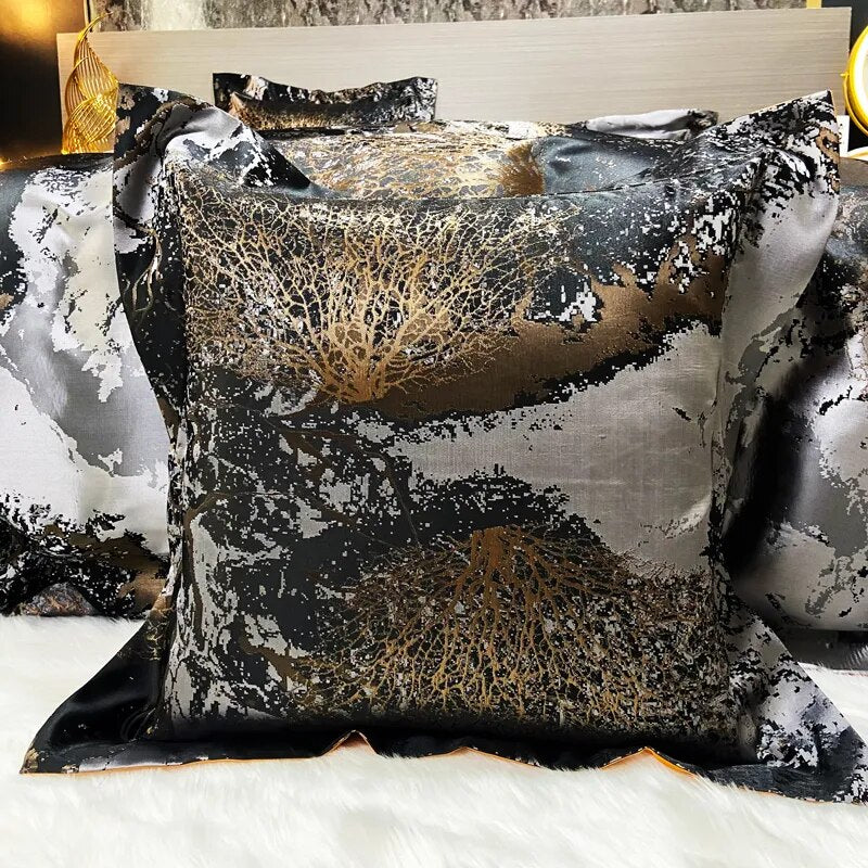 Luxury Black Gold Silver Jacquard Satin European Linen Duvet Cover Set, Egyptian Cotton 1200TC Bedding Set