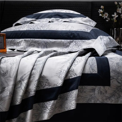 Black Grey Luxury Leopard Jungle Florets Patchwork Silky Duvet Cover Set, 1000TC Cotton Bedding Set