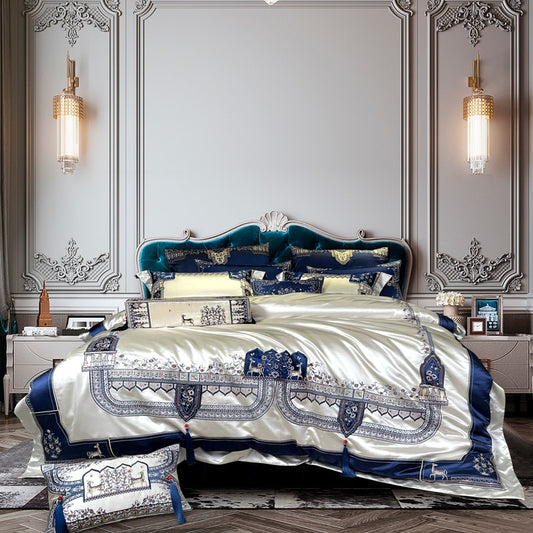 Luxury Blue White Baroque Deer Satin Jacquard Silky Duvet Cover, Egyptian Cotton 1000TC Bedding Set