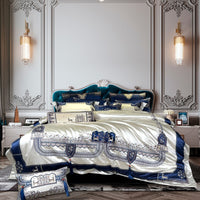 Thumbnail for Luxury Blue White Baroque Deer Satin Jacquard Silky Duvet Cover, Egyptian Cotton 1000TC Bedding Set