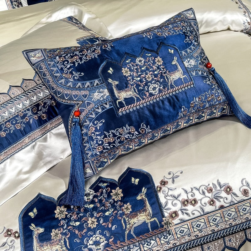 Luxury Blue White Baroque Deer Satin Jacquard Silky Duvet Cover, Egyptian Cotton 1000TC Bedding Set