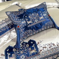 Thumbnail for Luxury Blue White Baroque Deer Satin Jacquard Silky Duvet Cover, Egyptian Cotton 1000TC Bedding Set