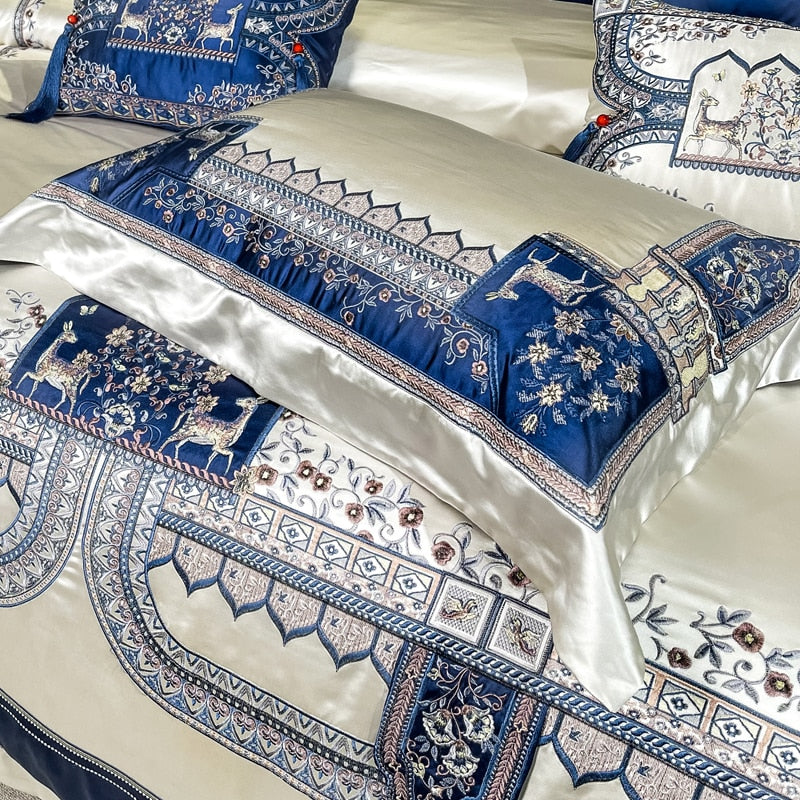 Luxury Blue White Baroque Deer Satin Jacquard Silky Duvet Cover, Egyptian Cotton 1000TC Bedding Set