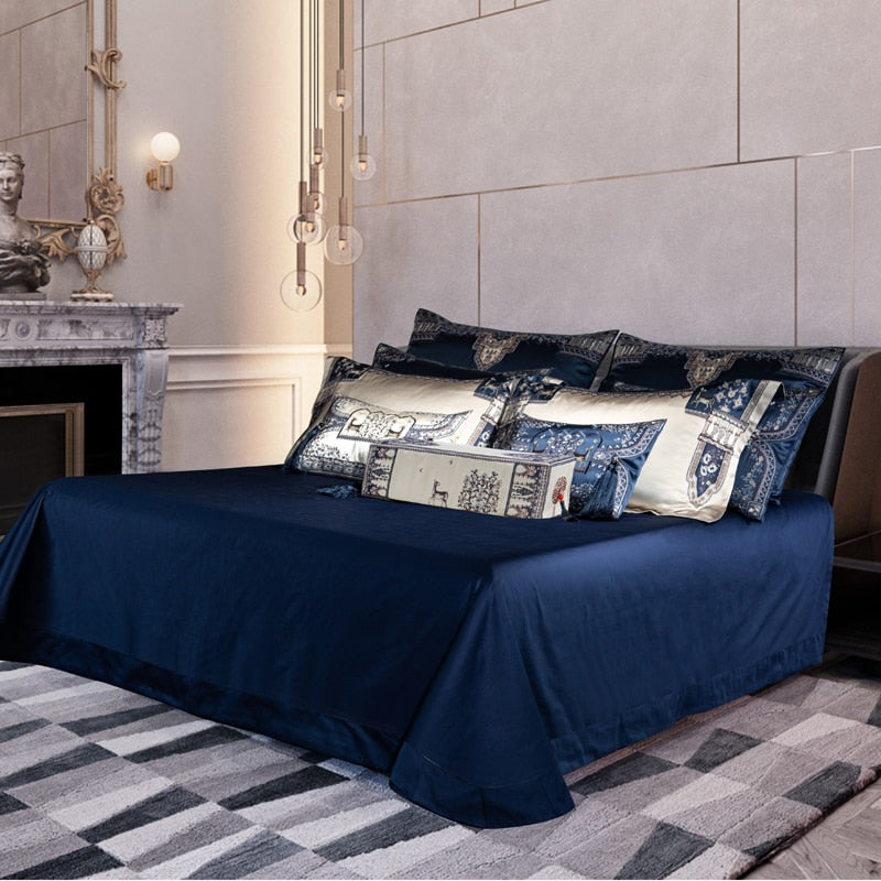 Luxury Blue White Baroque Deer Satin Jacquard Silky Duvet Cover, Egyptian Cotton 1000TC Bedding Set