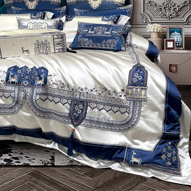 Luxury Blue White Baroque Deer Satin Jacquard Silky Duvet Cover, Egyptian Cotton 1000TC Bedding Set