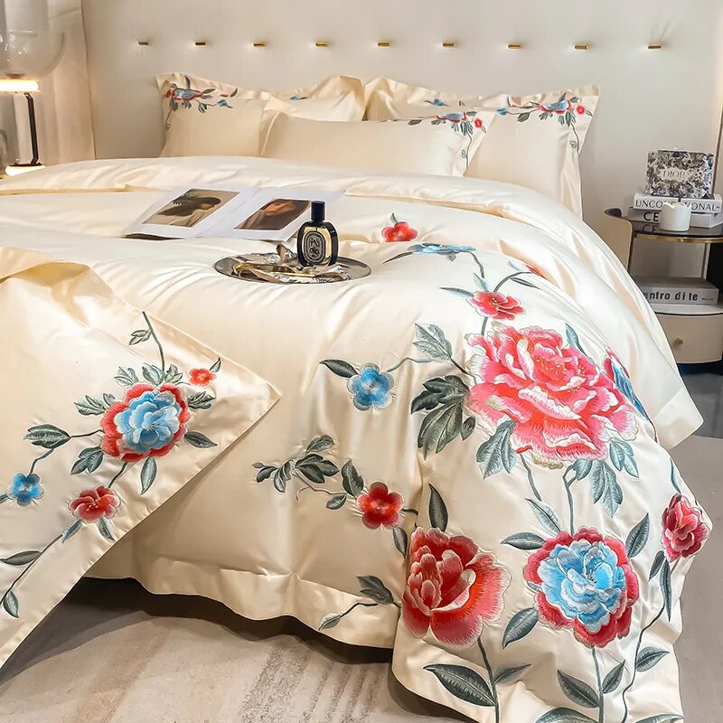 Luxury Red Peony Flowers Embroidery Wedding Duvet Cover, 100% Cotton Bedding Set