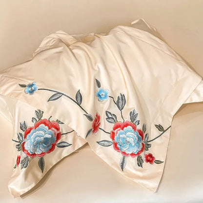 Luxury Red Peony Flowers Embroidery Wedding Duvet Cover, 100% Cotton Bedding Set