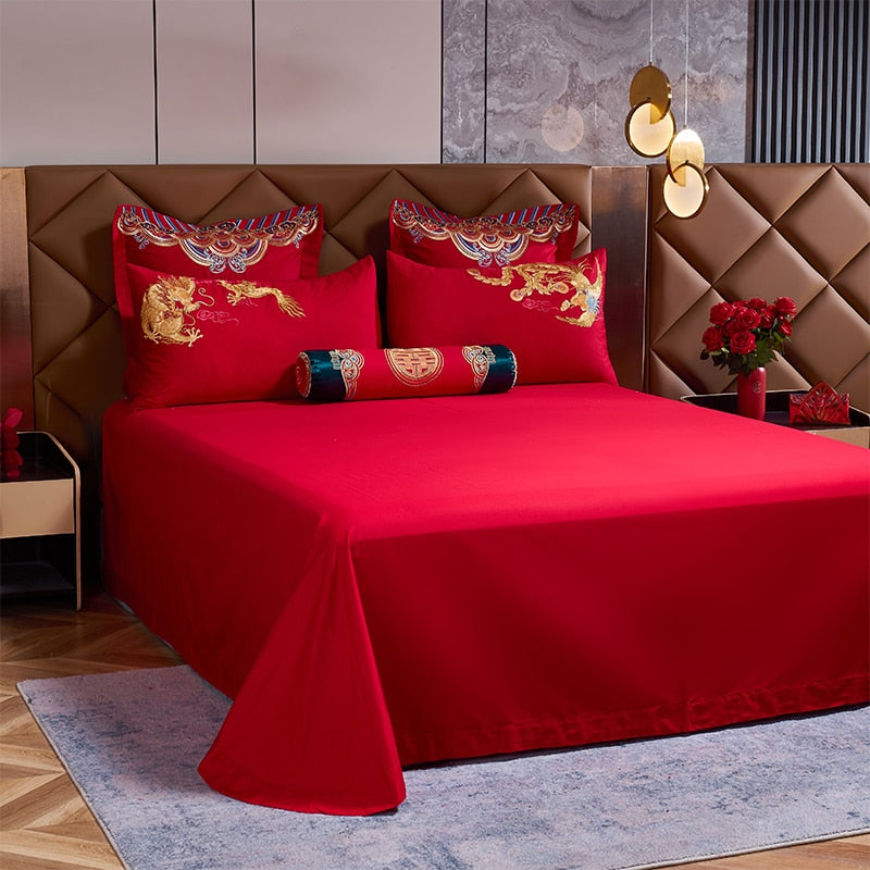 Gold Red Dragon Phenic Luxury Wedding Embroidered Egyptian Cotton 1000TC Duvet Cover Bedding