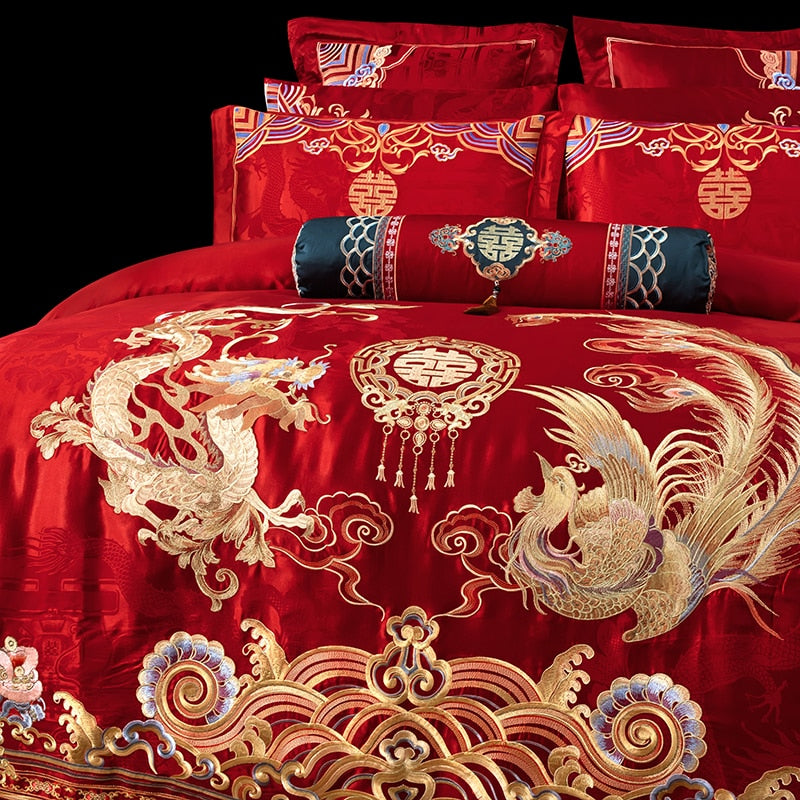 Red Phoenix for Happy Wedding Embroidered Duvet Cover Set, Satin Jacquard Cotton Bedding Set