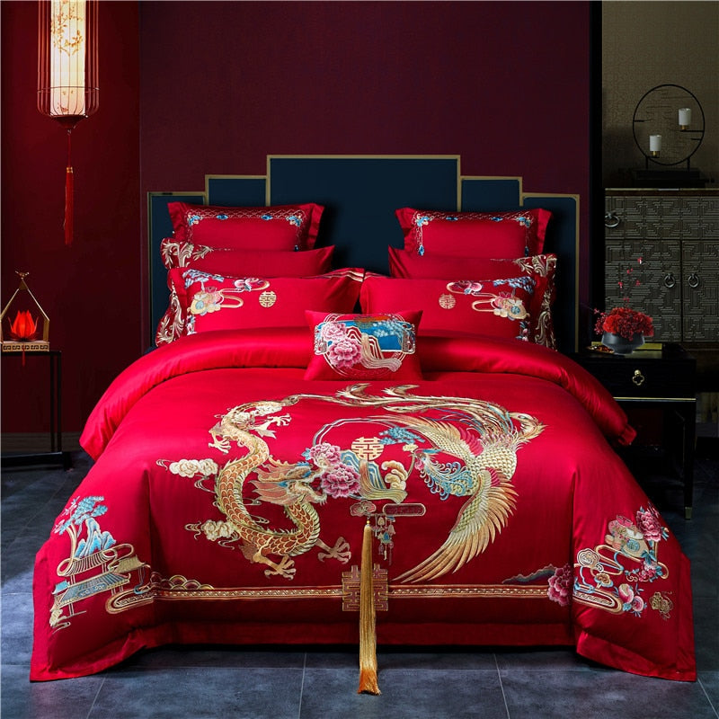 Red Gold Dragon Phoenix Wedding Long Embroidery Duvet Cover Set, Egypt ...