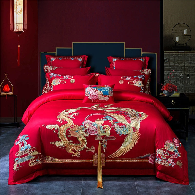 Red Gold Dragon Phoenix Wedding Long Embroidery Duvet Cover Set, Egyptian Cotton 600TC Bedding Set