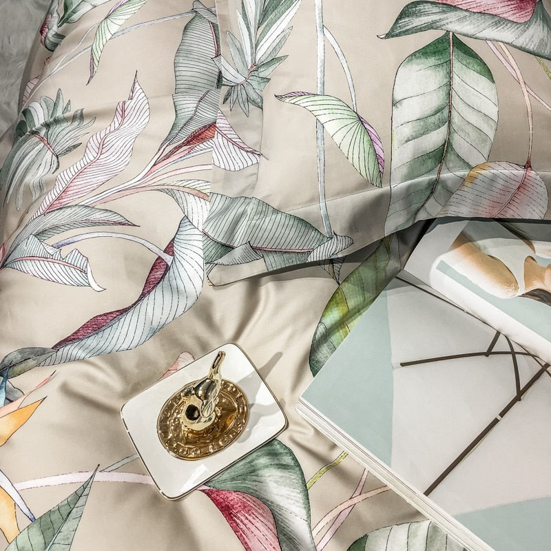 Luxury Floral Leaves Botanical Forest Duvet Cover Set, Egyptian Cotton 600TC Bedding Set