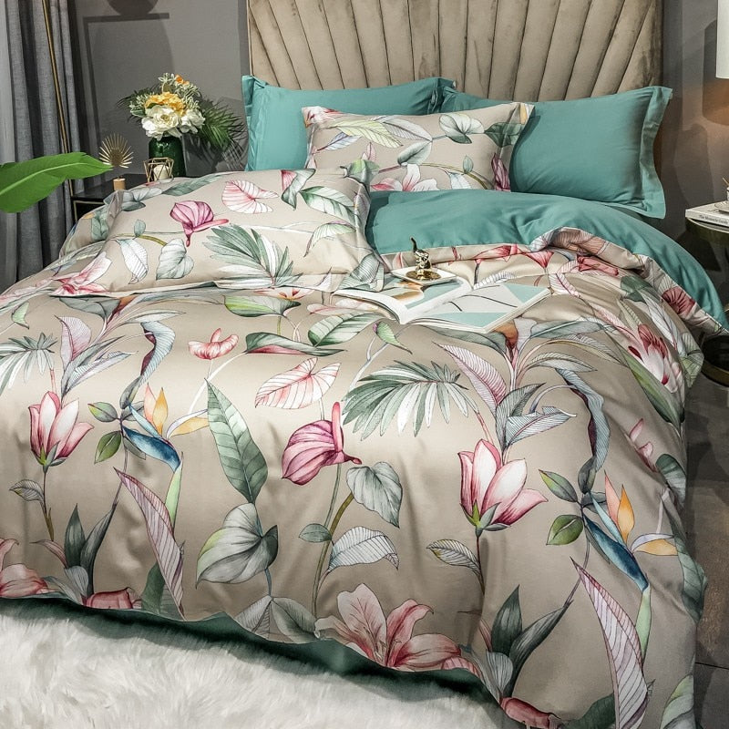 Luxury Floral Leaves Botanical Forest Duvet Cover Set, Egyptian Cotton 600TC Bedding Set