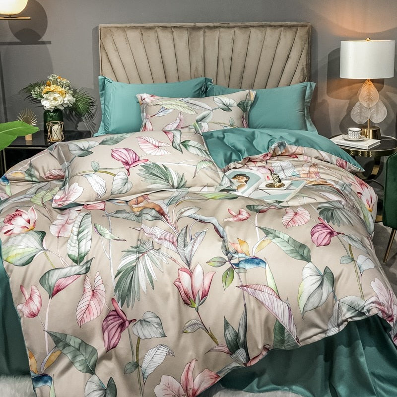 Luxury Floral Leaves Botanical Forest Duvet Cover Set, Egyptian Cotton 600TC Bedding Set