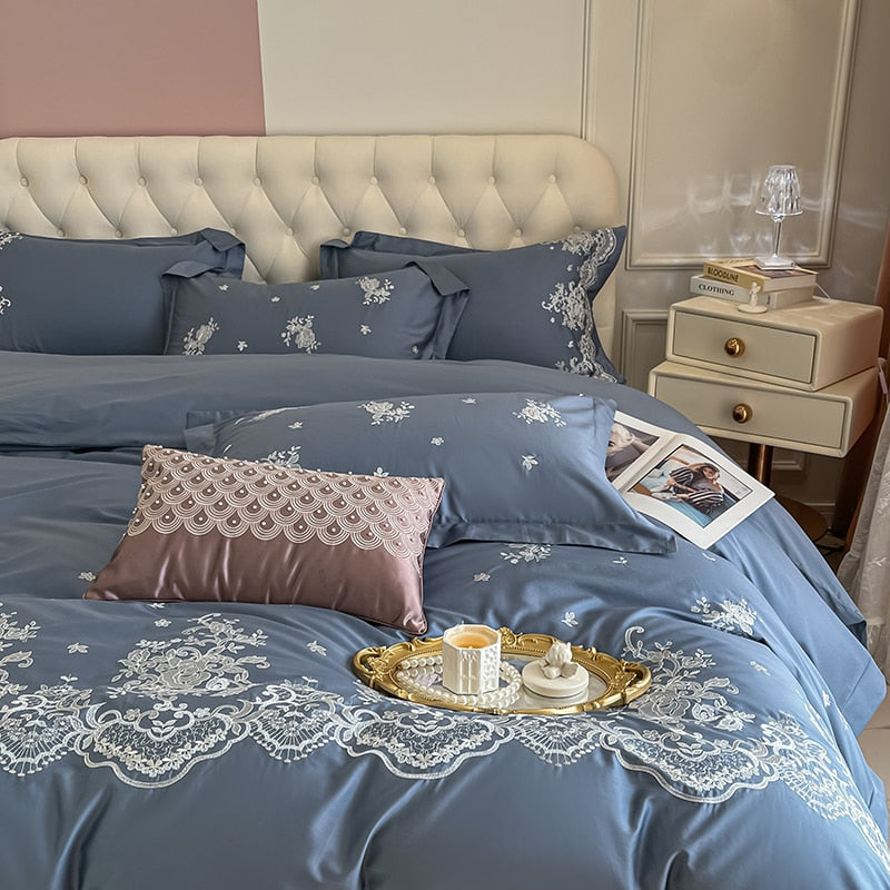 Luxury Rose Europe Blue Embroidery Duvet Cover Set, 1000TC Egyptian Cotton Bedding Set