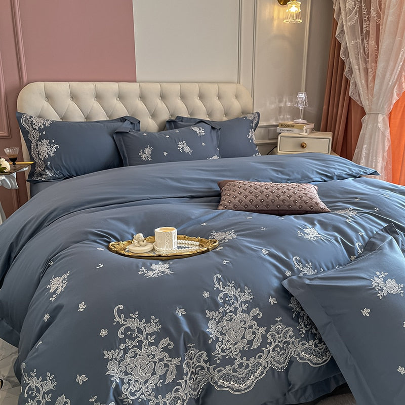 Luxury Rose Europe Blue Embroidery Duvet Cover Set, 1000TC Egyptian Cotton Bedding Set