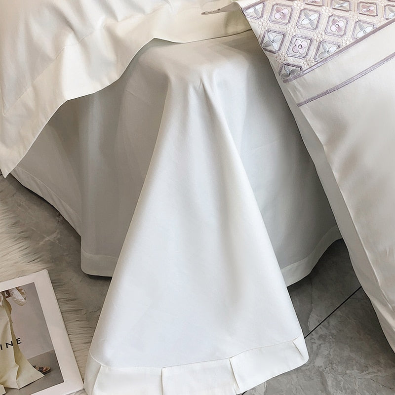 Luxury White American Long Striped Embroidery Duvet Cover, 1000TC Egyptian Cotton Bedding Set