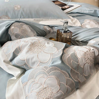 Thumbnail for Blue Brown Luxury Flower Embroidery Relax Duvet Cover Set, 1000TC Egyptian Cotton Bedding Set