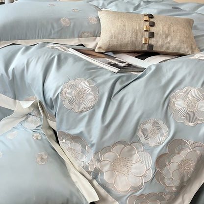 Blue Brown Luxury Flower Embroidery Relax Duvet Cover Set, 1000TC Egyptian Cotton Bedding Set