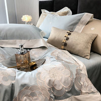 Thumbnail for Blue Brown Luxury Flower Embroidery Relax Duvet Cover Set, 1000TC Egyptian Cotton Bedding Set