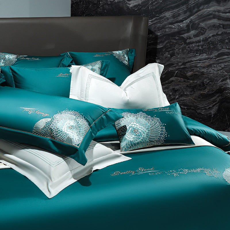 Luxury Emerald Burgundy European Embroidery Duvet Cover Set, 1000TC Egyptian Cotton Bedding Set