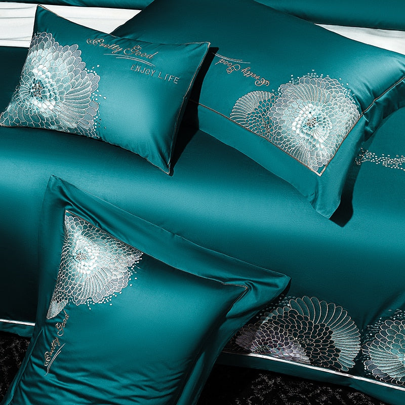 Luxury Emerald Burgundy European Embroidery Duvet Cover Set, 1000TC Egyptian Cotton Bedding Set