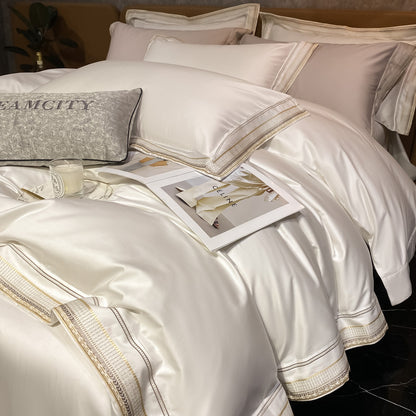 Luxury White Gold Orange Embroidered Hotel Grade Silky Duvet Cover Set, 600TC Egyptian Cotton Bedding Set