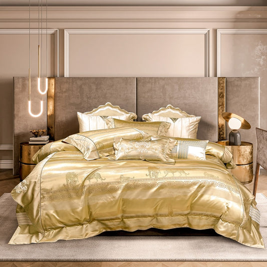 Luxury Gold European Leopard Embroidered Satin Jacquard Duvet Cover, Egyptian Cotton 1000TC Bedding Set