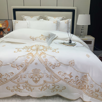 Luxury European Royal White Gold Satin Duvet Cover Set, Silk Cotton 600TC Bedding Set