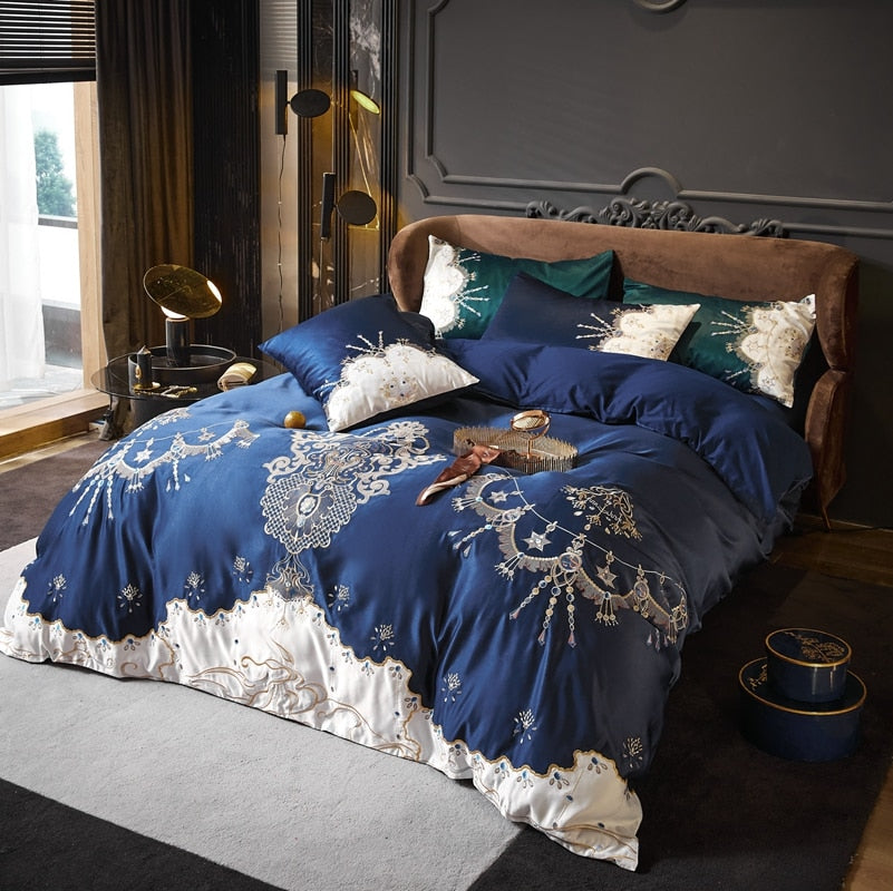 Luxury Blue White Baroque Royal Duvet Cover Set, Washed Silk And Cotton Bedding Set