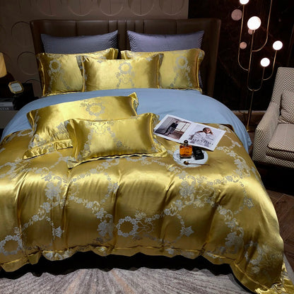 Luxury Gold Jacquard European Flower Silky Duvet Cover Set, Cotton Bedding Set