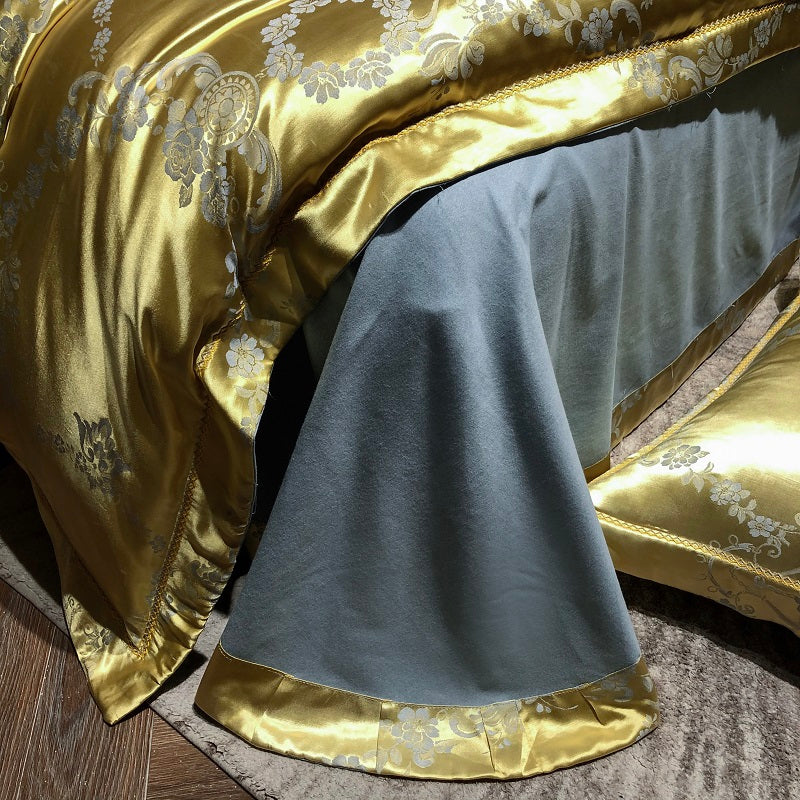 Luxury Gold Jacquard European Flower Silky Duvet Cover Set, Cotton Bedding Set