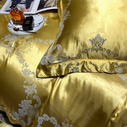 Luxury Gold Jacquard European Flower Silky Duvet Cover Set, Cotton Bedding Set