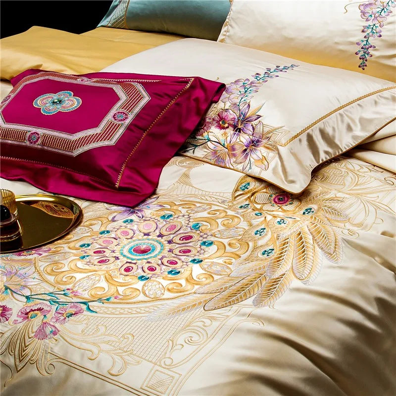 Luxury Baroque Embroidery Patchwork Duvet Cover Set, Silky Satin Cotton 1000TC Bedding Set