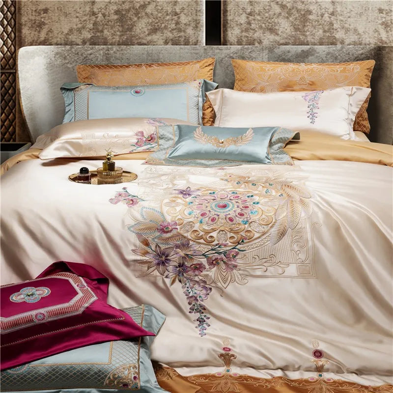 Luxury Baroque Embroidery Patchwork Duvet Cover Set, Silky Satin Cotton 1000TC Bedding Set