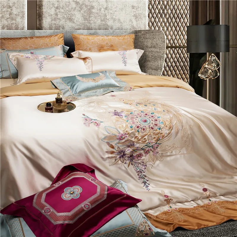 Luxury Baroque Embroidery Patchwork Duvet Cover Set, Silky Satin Cotton 1000TC Bedding Set