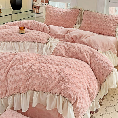 Pink Purple Rose Luxury Velvet Fleece Girls Duvet Cover Bedding Set