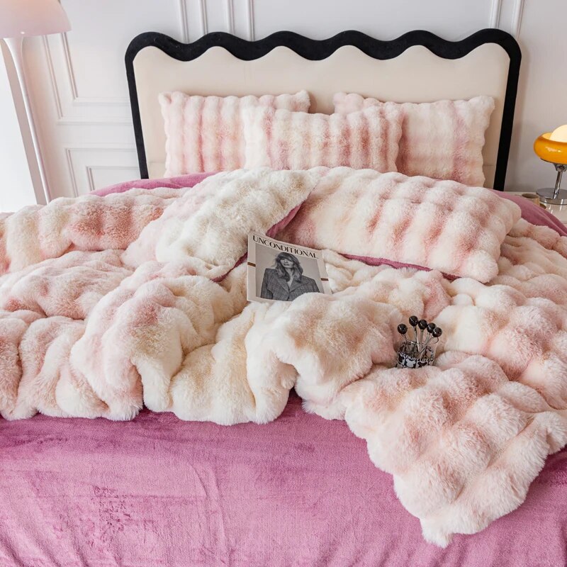 Luxury Pink White Fur Embroidered Velvet Fleece Warm Winter Girls Child Duvet Cover Bedding Set