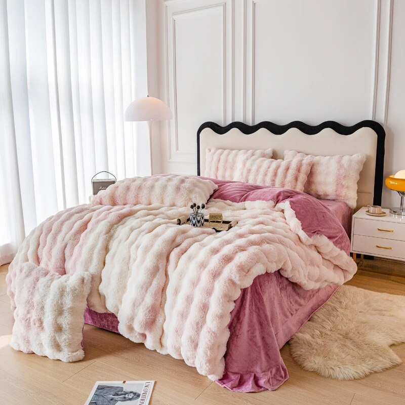 Luxury Pink White Fur Embroidered Velvet Fleece Warm Winter Girls Child Duvet Cover Bedding Set